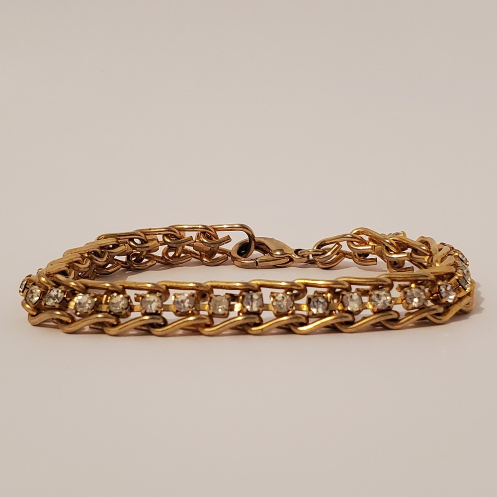 Vintage Gold Tone Rhinestone Bracelet - Fashion Costume Jewelry Lobster Clasp